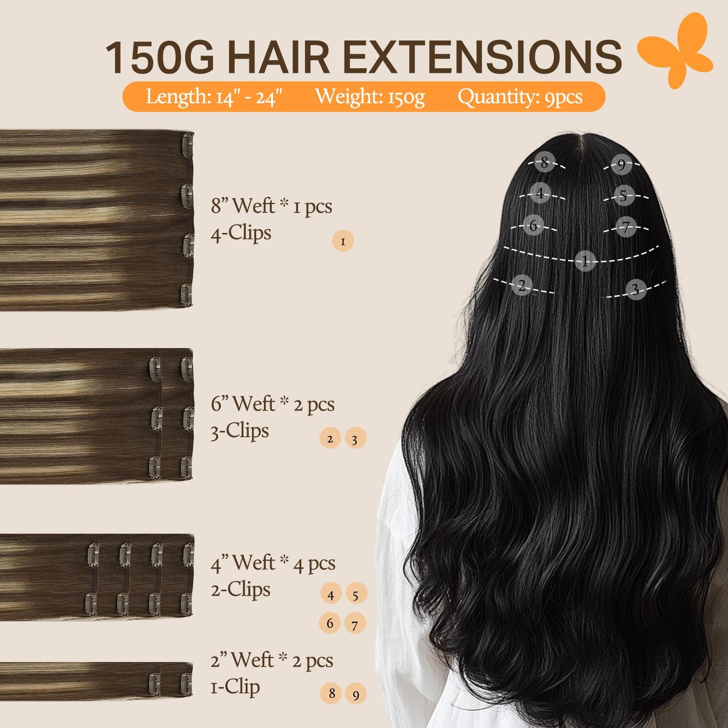 DOORES Seamless Clip in Hair Extensions Real Human Hair, Jet Black 150g 7pcs 20 Inch, Hair Extensions Clip in Human Hair Extensions Clip ins with Thin Weft Thick Straight Hair