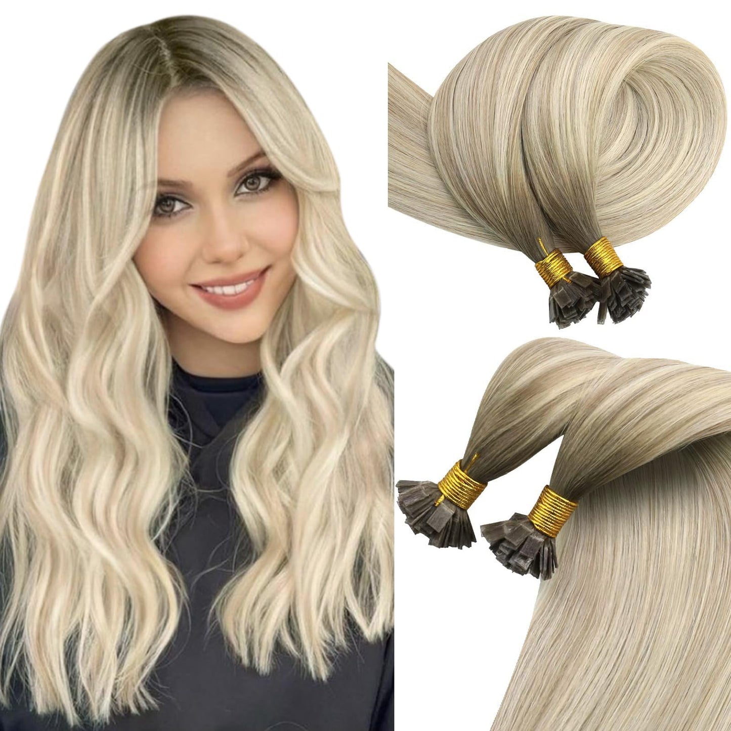 Remy Flat Tip Hair Extensions Human Hair Keratin Fusion Hair Extensions Real Human Hair Extensions for Women 50G/50S Warm Ash Blonde Highlight Bleach Blonde 16inch