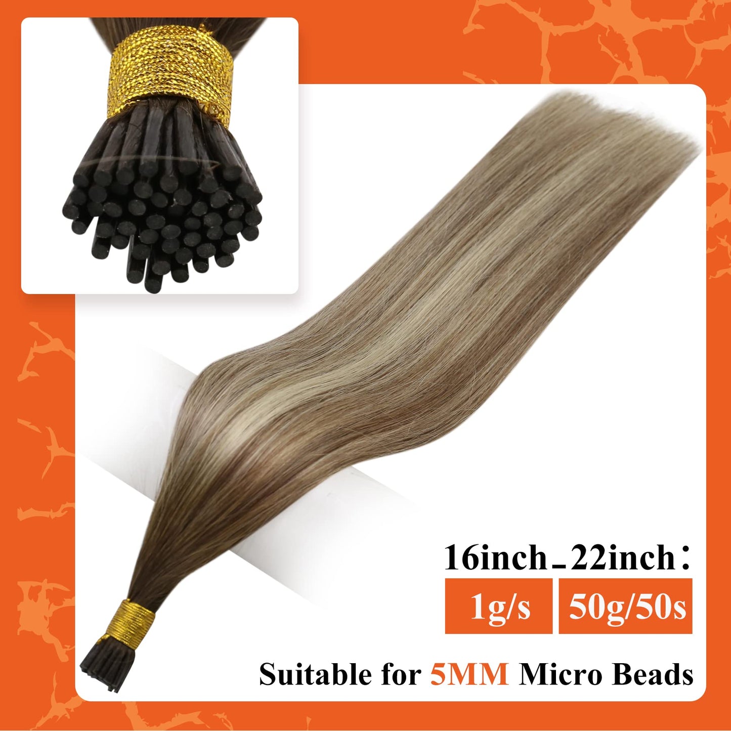 Full Shine Cold Fusion Prebonded Human Hair Extensions with Microbeads Color 18 Ash Blonde Highlighted 613 Blonde Micro Link Straight Hair 22 Inch Natural Hair Extensions for Women 50 Strands