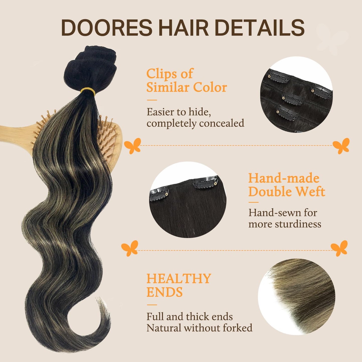 DOORES Seamless Clip in Hair Extensions Real Human Hair, Jet Black 150g 7pcs 20 Inch, Hair Extensions Clip in Human Hair Extensions Clip ins with Thin Weft Thick Straight Hair
