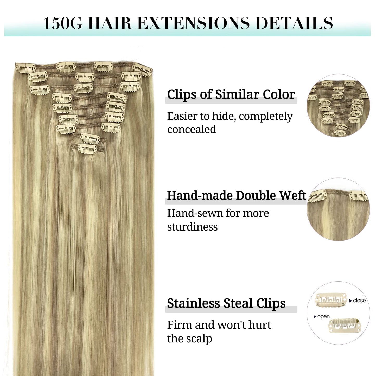 DOORES Seamless Clip in Hair Extensions Real Human Hair, Jet Black 150g 7pcs 20 Inch, Hair Extensions Clip in Human Hair Extensions Clip ins with Thin Weft Thick Straight Hair