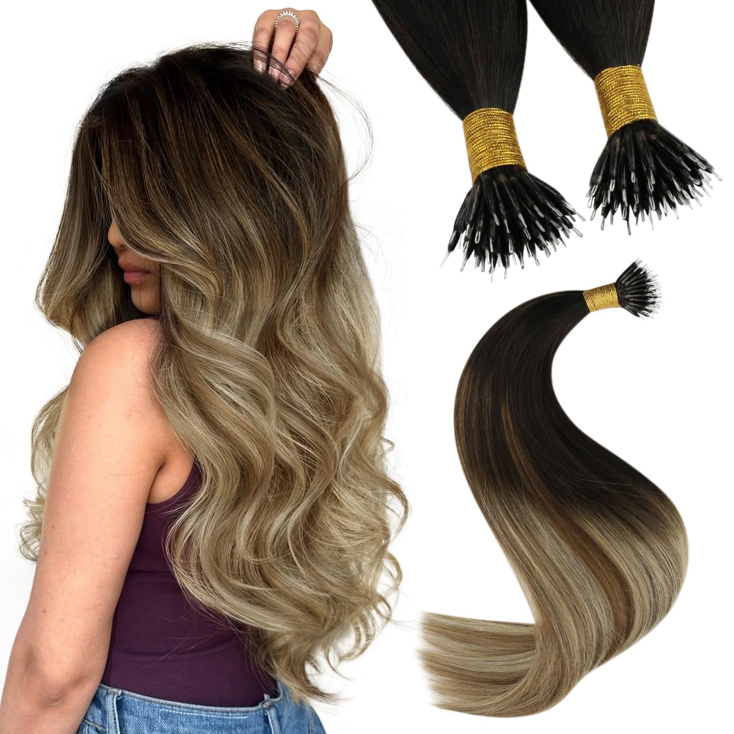 REMY premium Micro Link Hair Extensions Highlight Micro Loop Hair Extensions Real Human Hair Light Brown Highlights Blonde Micro Extensions Real Human Hair Add Hair Volume 18 Inch 50s/50g