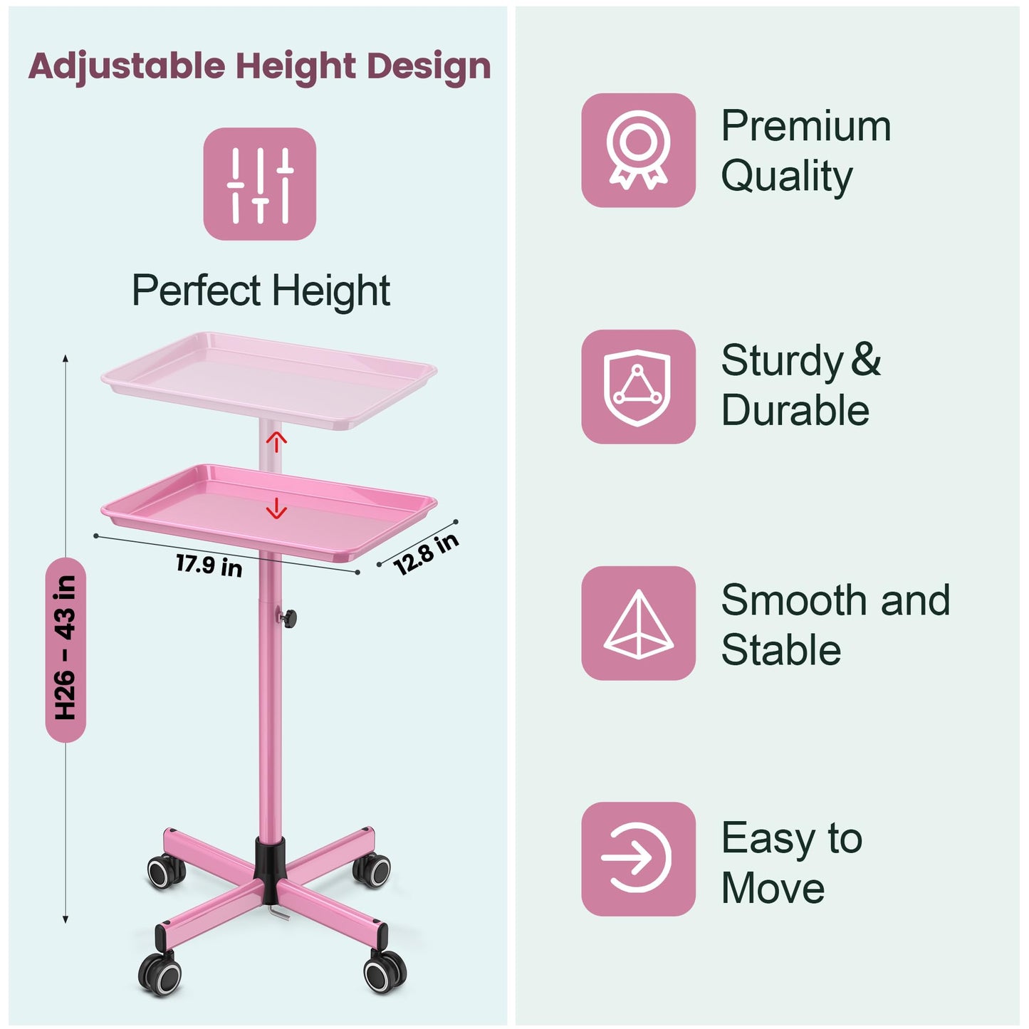 Salon Tray Tattoo Tray Salon Cart for Hair Stylist Salon Trolley Cart with Wheels Salon Rolling Tray-Pink