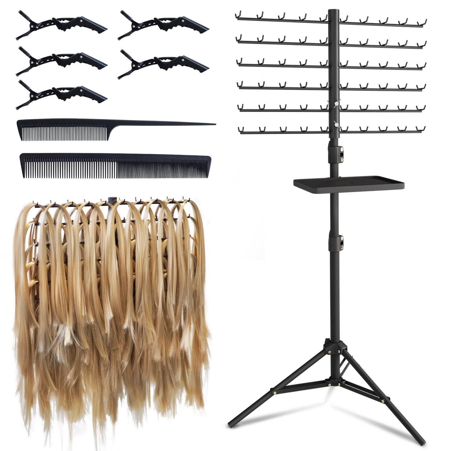 120-Peg Braiding Hair Rack Standing, with Salon Tray Hair Extension Holder Hanger, Hair Divider Rack for Braiding Hair Separator Stand, Hair Braiding Rack Display Stand for Hairstylist Braiders, Pink