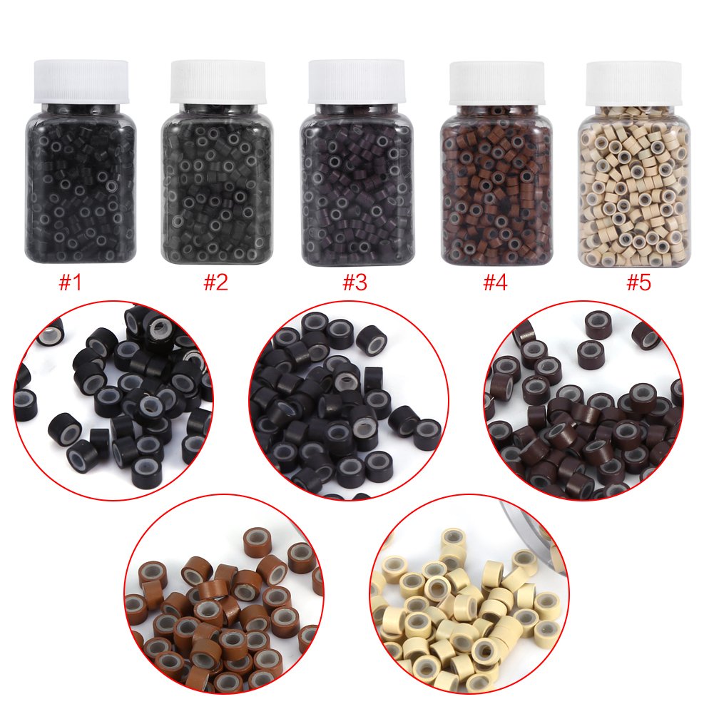 Hair Extension, 500Pcs 5mm Silicone Lined Link Rings Beads Loops For Human Hair Tool(Medium Brown)