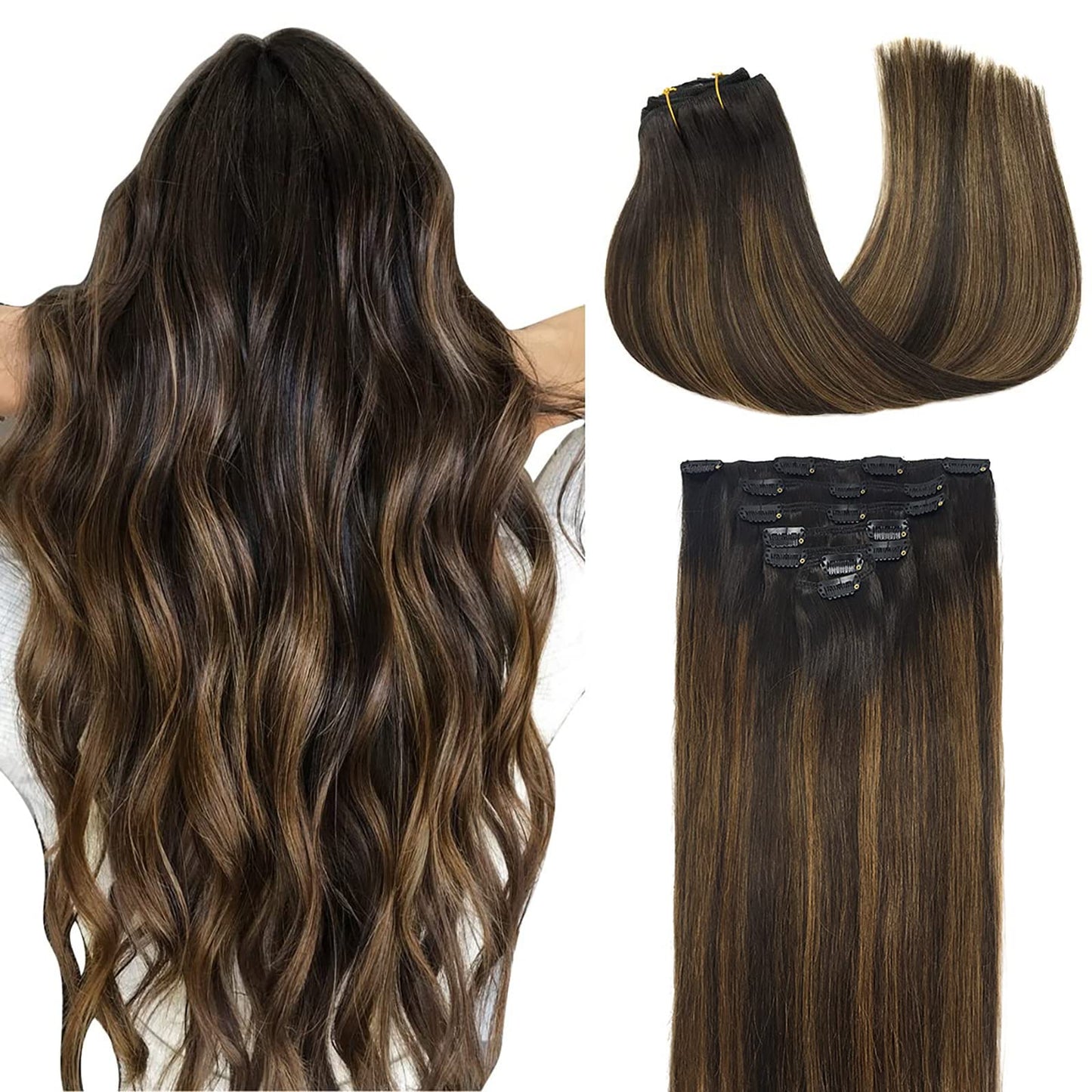 DOORES Seamless Clip in Hair Extensions Real Human Hair, Jet Black 150g 7pcs 20 Inch, Hair Extensions Clip in Human Hair Extensions Clip ins with Thin Weft Thick Straight Hair