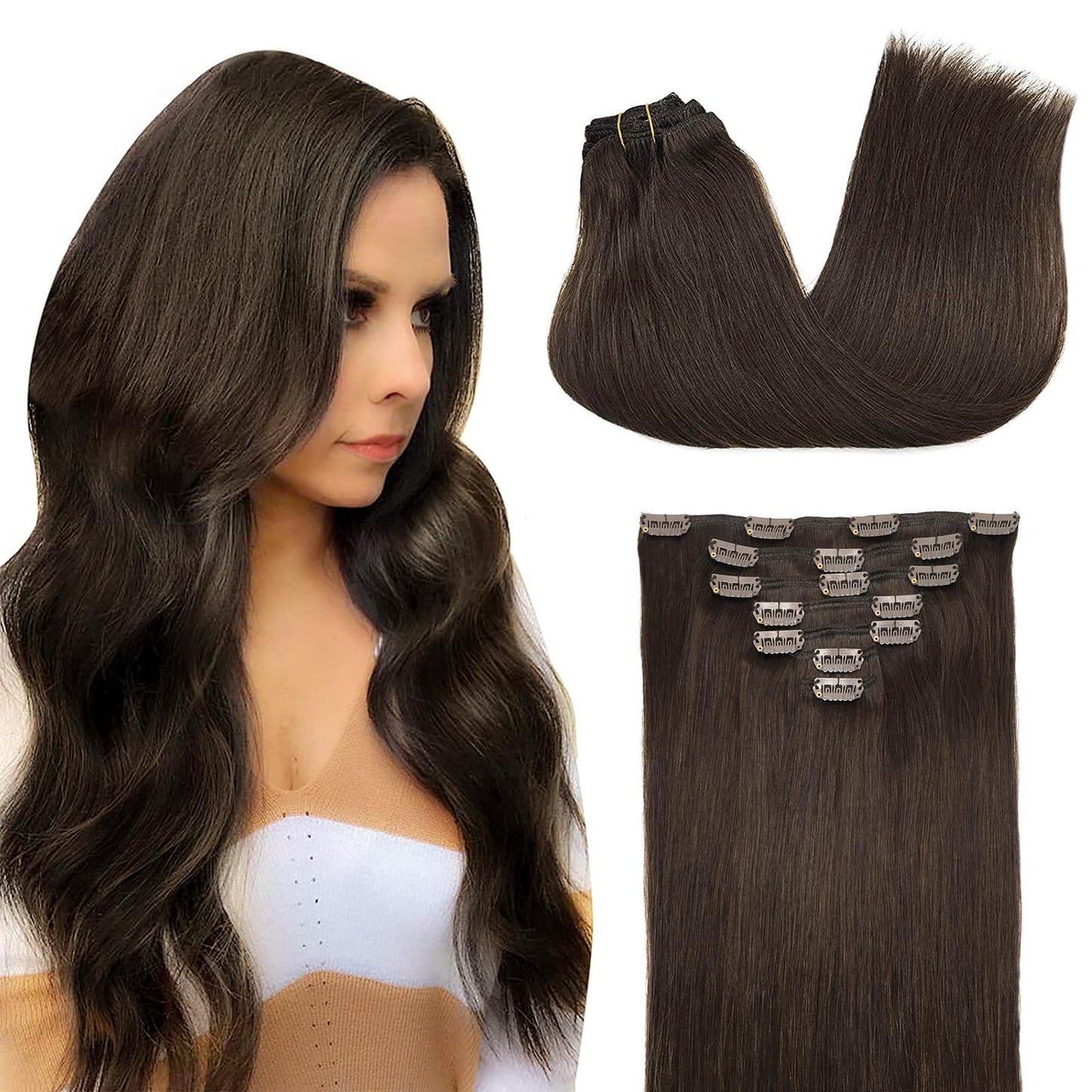 DOORES Seamless Clip in Hair Extensions Real Human Hair, Jet Black 150g 7pcs 20 Inch, Hair Extensions Clip in Human Hair Extensions Clip ins with Thin Weft Thick Straight Hair