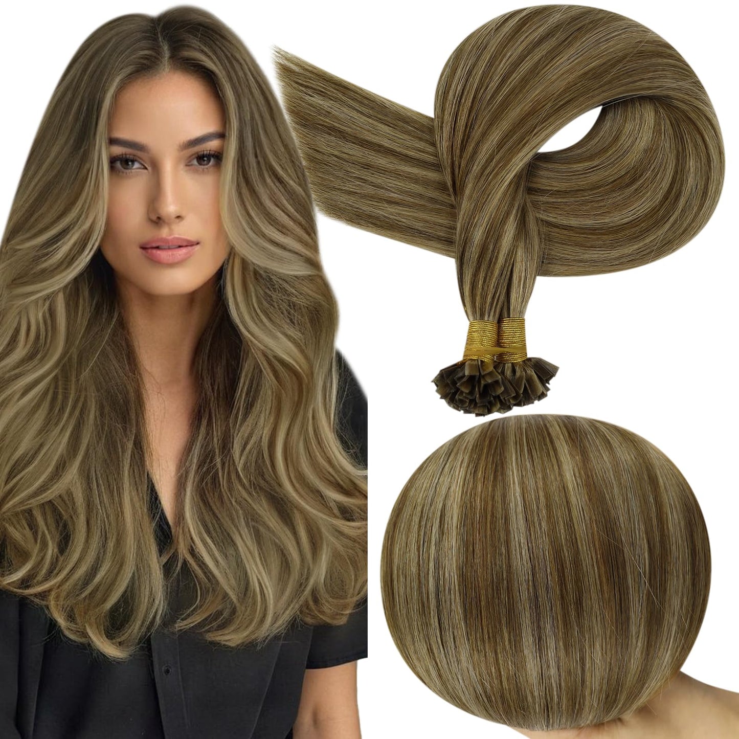 Full Shine Cold Fusion Prebonded Human Hair Extensions with Microbeads Color 18 Ash Blonde Highlighted 613 Blonde Micro Link Straight Hair 22 Inch Natural Hair Extensions for Women 50 Strands