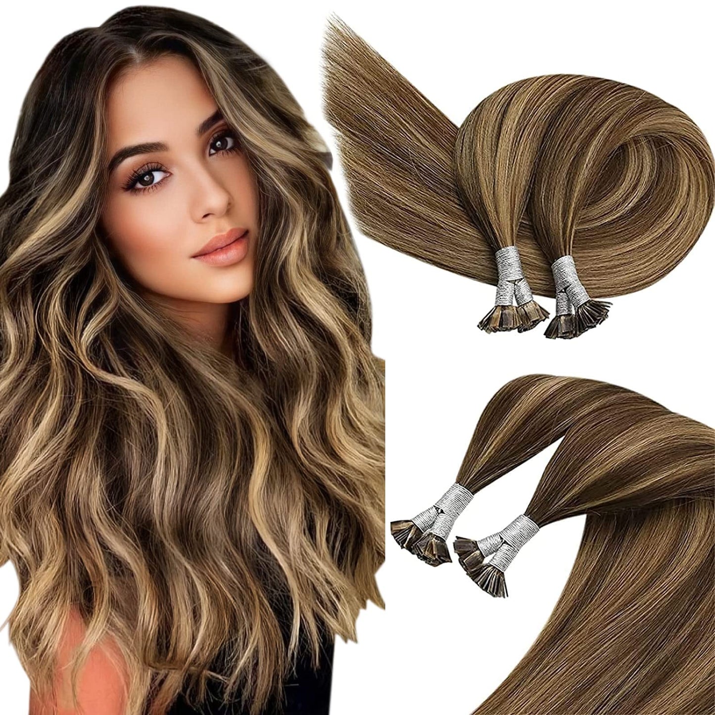 Remy Flat Tip Hair Extensions Human Hair Keratin Fusion Hair Extensions Real Human Hair Extensions for Women 50G/50S Warm Ash Blonde Highlight Bleach Blonde 16inch