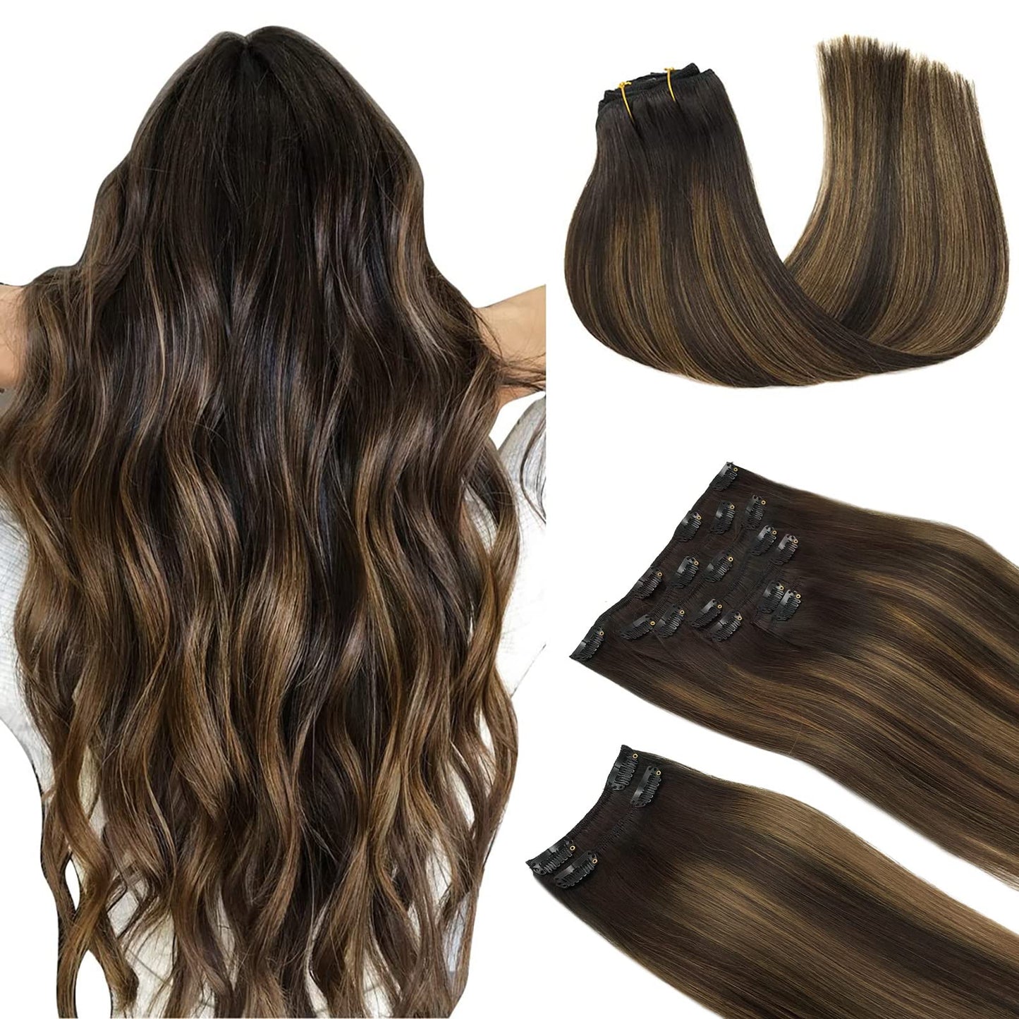 DOORES Seamless Clip in Hair Extensions Real Human Hair, Jet Black 150g 7pcs 20 Inch, Hair Extensions Clip in Human Hair Extensions Clip ins with Thin Weft Thick Straight Hair
