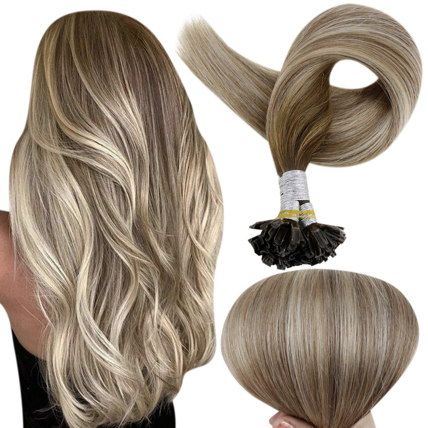 Full Shine Cold Fusion Prebonded Human Hair Extensions with Microbeads Color 18 Ash Blonde Highlighted 613 Blonde Micro Link Straight Hair 22 Inch Natural Hair Extensions for Women 50 Strands