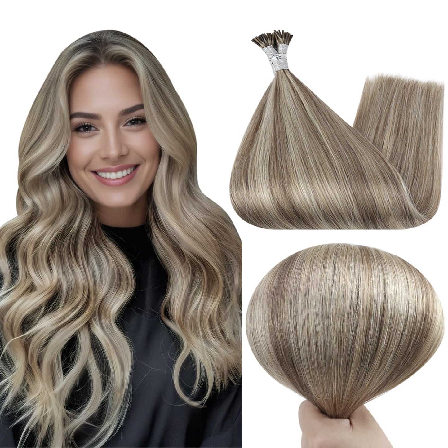 Full Shine Cold Fusion Prebonded Human Hair Extensions with Microbeads Color 18 Ash Blonde Highlighted 613 Blonde Micro Link Straight Hair 22 Inch Natural Hair Extensions for Women 50 Strands