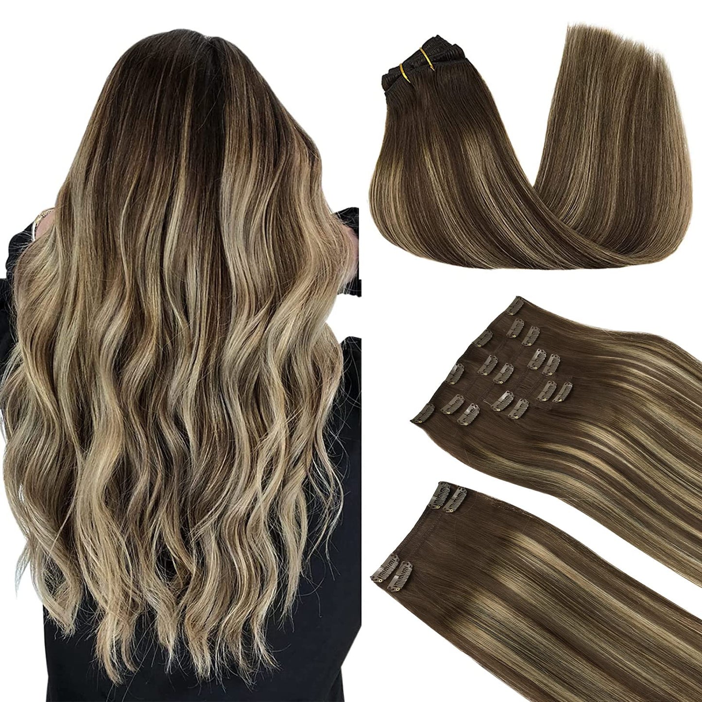 DOORES Seamless Clip in Hair Extensions Real Human Hair, Jet Black 150g 7pcs 20 Inch, Hair Extensions Clip in Human Hair Extensions Clip ins with Thin Weft Thick Straight Hair