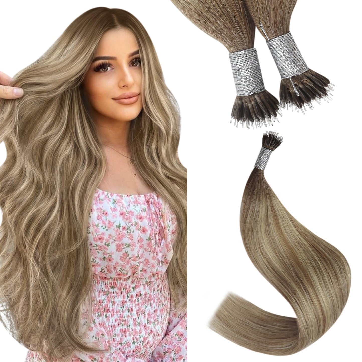 REMY premium Micro Link Hair Extensions Highlight Micro Loop Hair Extensions Real Human Hair Light Brown Highlights Blonde Micro Extensions Real Human Hair Add Hair Volume 18 Inch 50s/50g