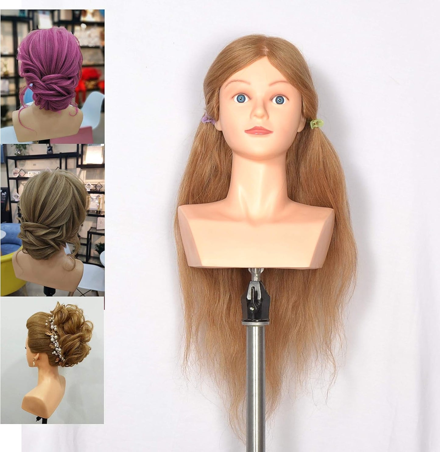omc 06 100% Human Hair Mannequin Head with Shoulder 22inches Hairdresser Training Head Manikin Cosmetology Doll Head for Hair Styling & Training Practice #8 Color