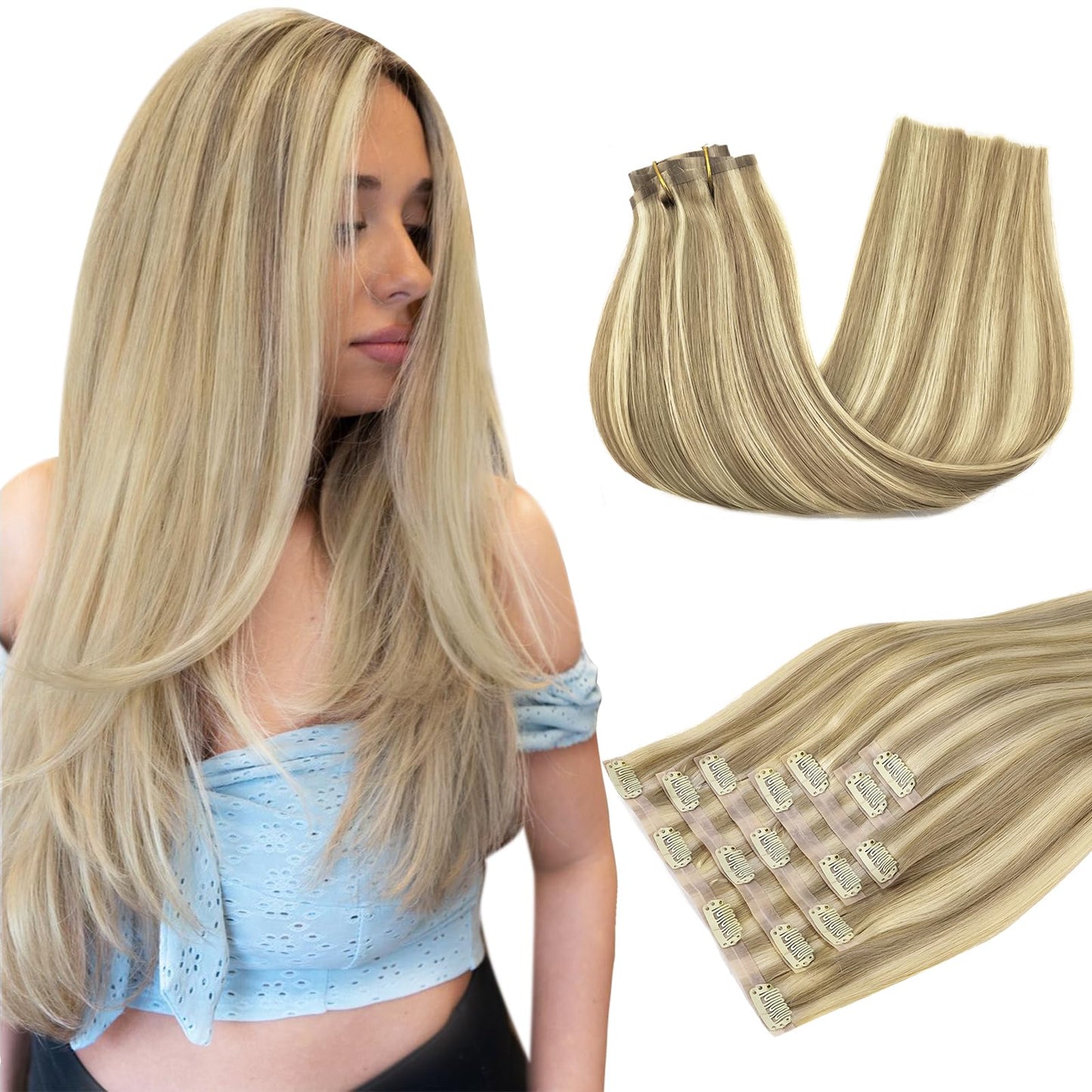 DOORES Seamless Clip in Hair Extensions Real Human Hair, Jet Black 150g 7pcs 20 Inch, Hair Extensions Clip in Human Hair Extensions Clip ins with Thin Weft Thick Straight Hair