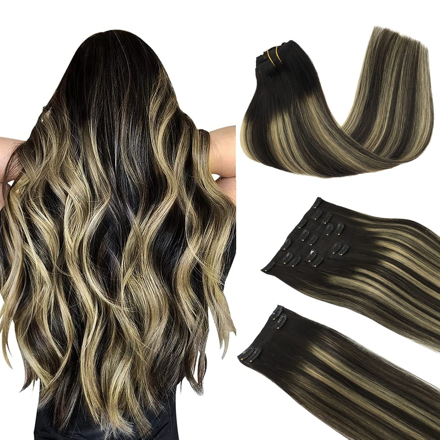 DOORES Seamless Clip in Hair Extensions Real Human Hair, Jet Black 150g 7pcs 20 Inch, Hair Extensions Clip in Human Hair Extensions Clip ins with Thin Weft Thick Straight Hair