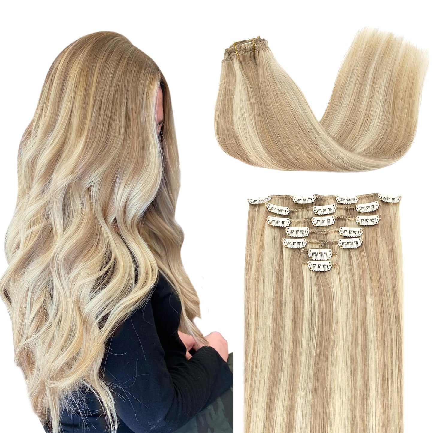 DOORES Seamless Clip in Hair Extensions Real Human Hair, Jet Black 150g 7pcs 20 Inch, Hair Extensions Clip in Human Hair Extensions Clip ins with Thin Weft Thick Straight Hair