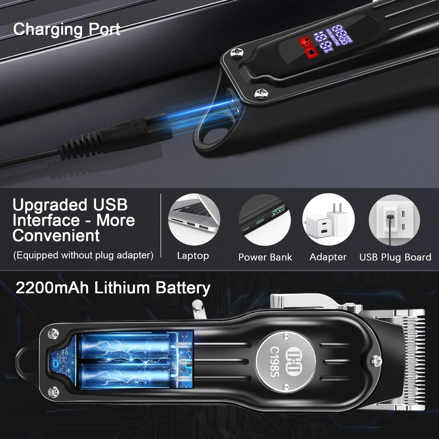 CIICII Hair Clippers for Men Professional, Cordless Barber Clippers for Hair Cutting (12Pcs Rechargeable USB Adjustable LCD Display Hair Beard Grooming Trimming Haircut Kit) for DIY Home Barber Salon