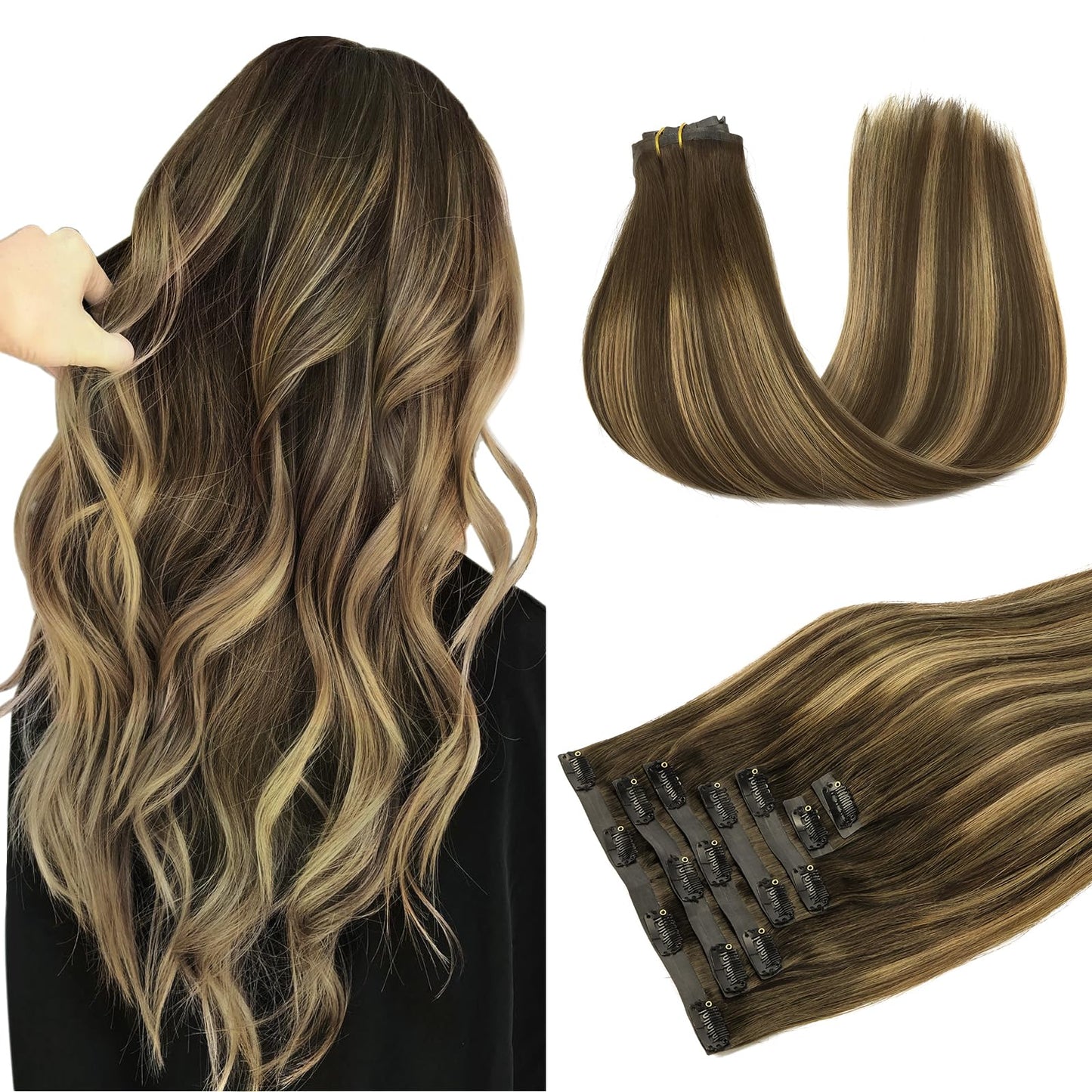 DOORES Seamless Clip in Hair Extensions Real Human Hair, Jet Black 150g 7pcs 20 Inch, Hair Extensions Clip in Human Hair Extensions Clip ins with Thin Weft Thick Straight Hair