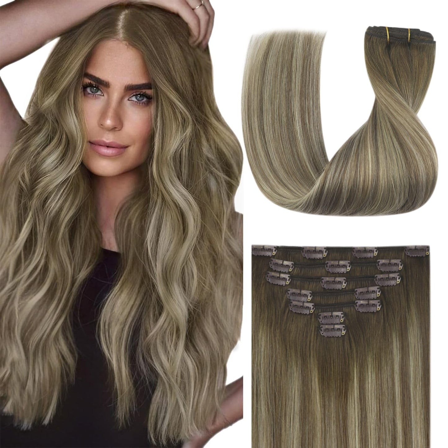 Clip in Hair Extensions Remy Human Hair Extensions for Women Real Hair Clip in Extensions Double Weft Dark Brown Balayage Medium Brown (12 inch-5pcs/80g, 14-24 inch-7pcs/120g)