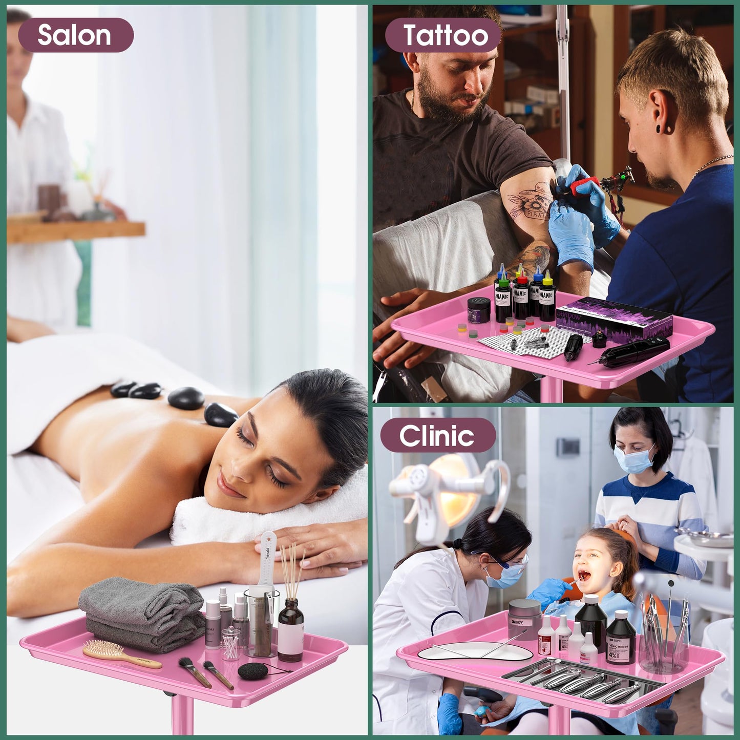 Salon Tray Tattoo Tray Salon Cart for Hair Stylist Salon Trolley Cart with Wheels Salon Rolling Tray-Pink