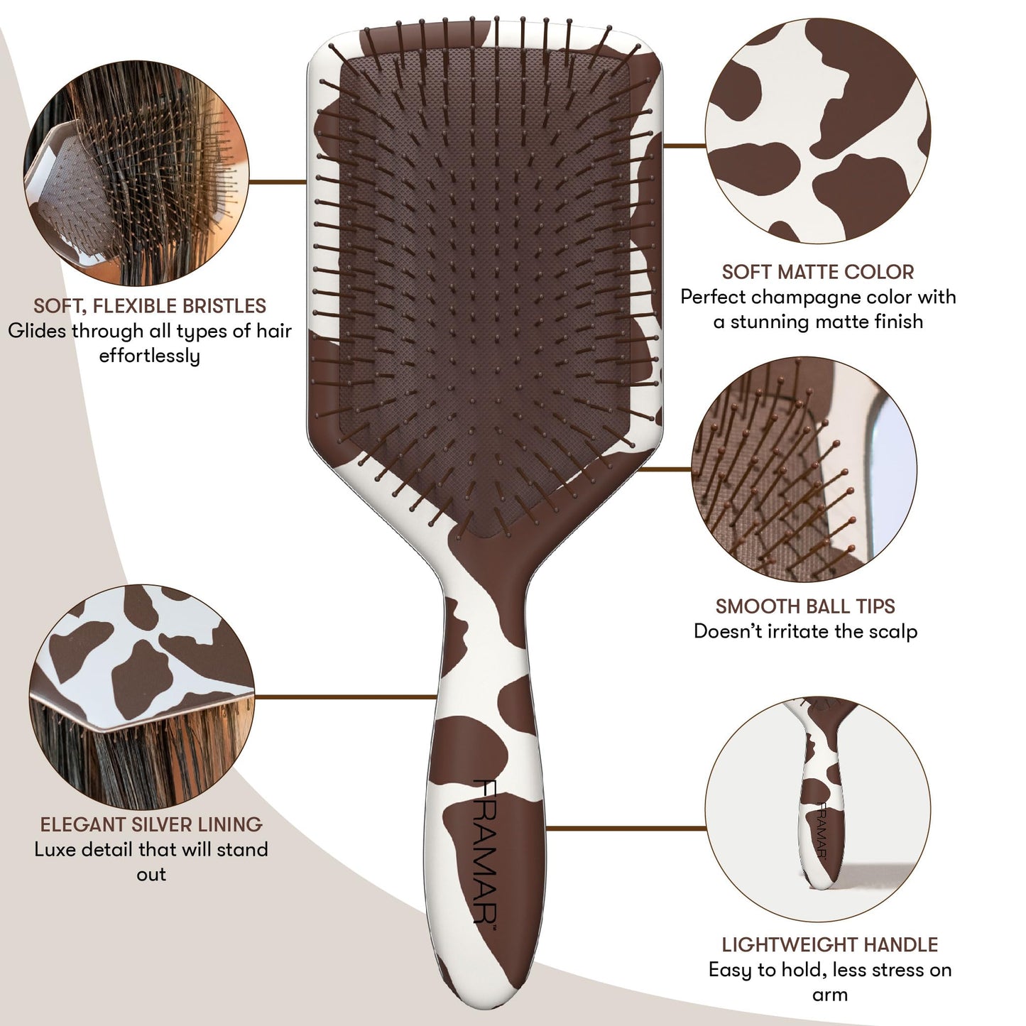 FRAMAR Detangling Hair Brush, Paddle Brush – Elegant Hair Brush For Women, Detangler Brush, Brosse A Cheveux, Curly Hair Brush, Hair Detangler for Women, Men and Children - Cow Print