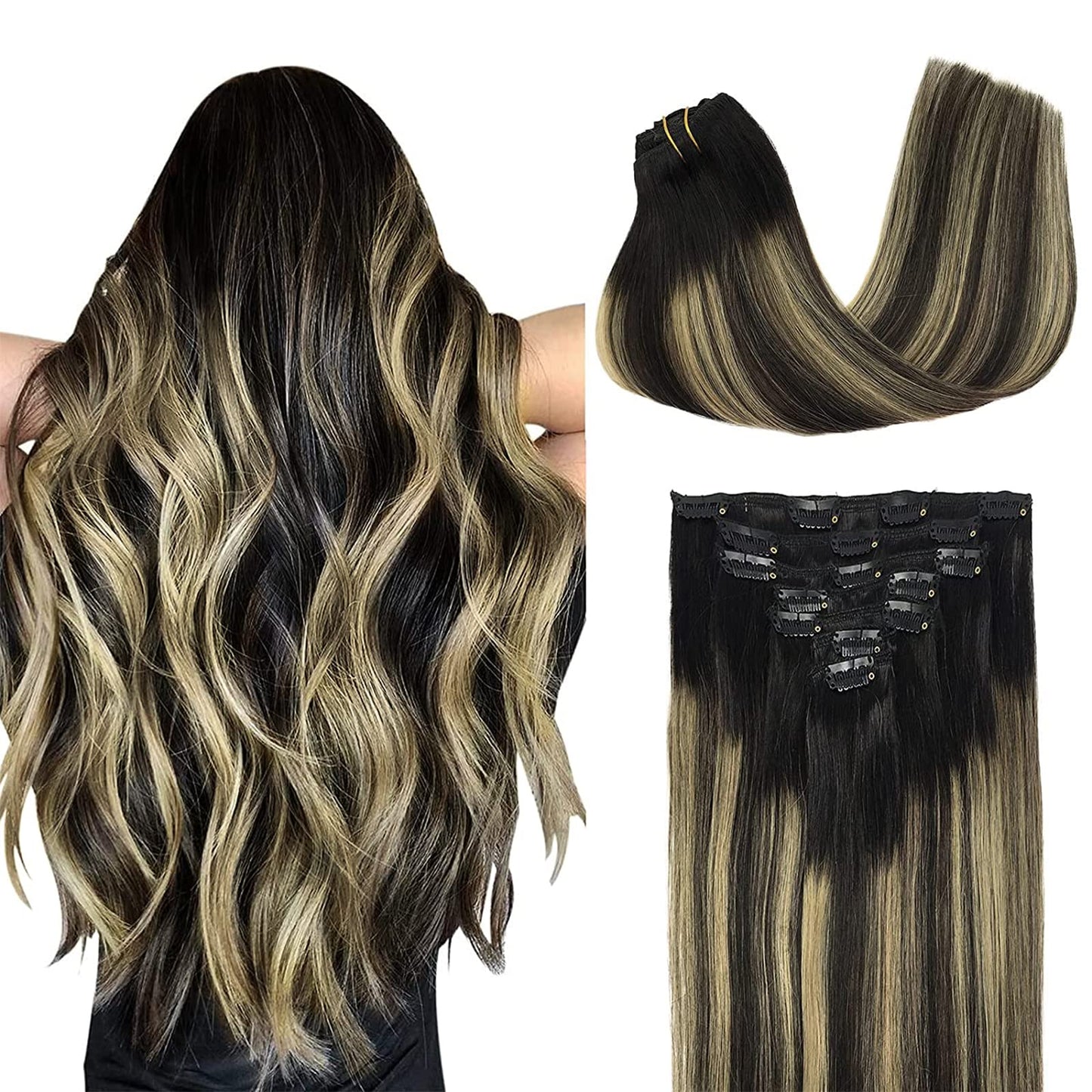 DOORES Seamless Clip in Hair Extensions Real Human Hair, Jet Black 150g 7pcs 20 Inch, Hair Extensions Clip in Human Hair Extensions Clip ins with Thin Weft Thick Straight Hair