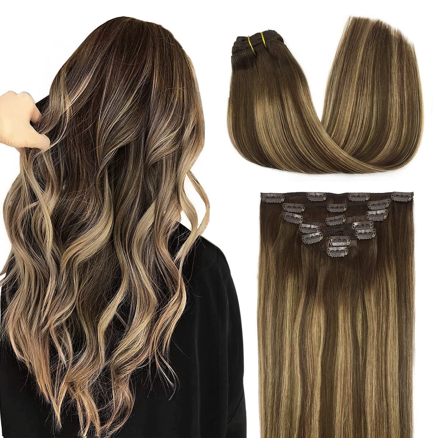 DOORES Seamless Clip in Hair Extensions Real Human Hair, Jet Black 150g 7pcs 20 Inch, Hair Extensions Clip in Human Hair Extensions Clip ins with Thin Weft Thick Straight Hair