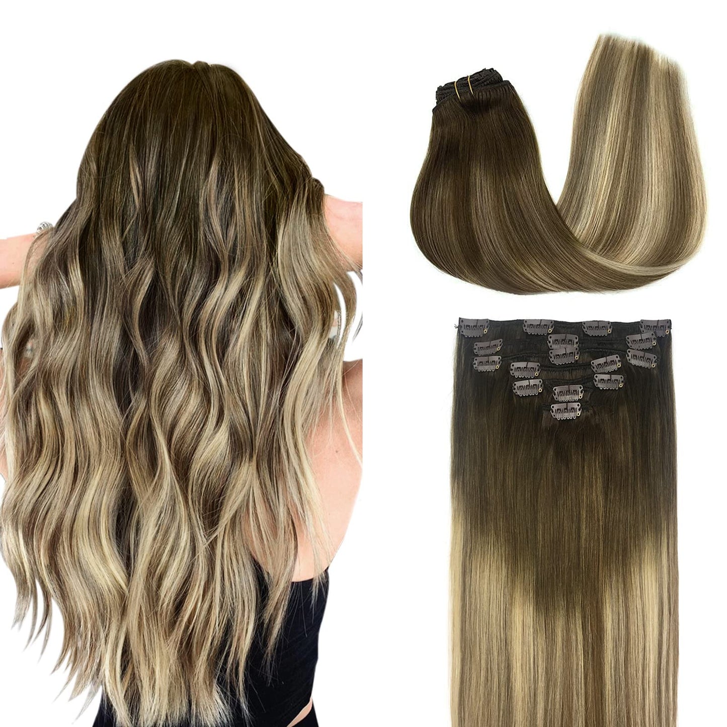 DOORES Seamless Clip in Hair Extensions Real Human Hair, Jet Black 150g 7pcs 20 Inch, Hair Extensions Clip in Human Hair Extensions Clip ins with Thin Weft Thick Straight Hair