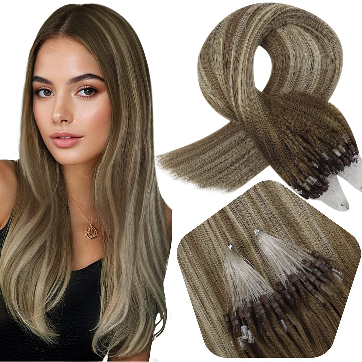 Full Shine Cold Fusion Prebonded Human Hair Extensions with Microbeads Color 18 Ash Blonde Highlighted 613 Blonde Micro Link Straight Hair 22 Inch Natural Hair Extensions for Women 50 Strands
