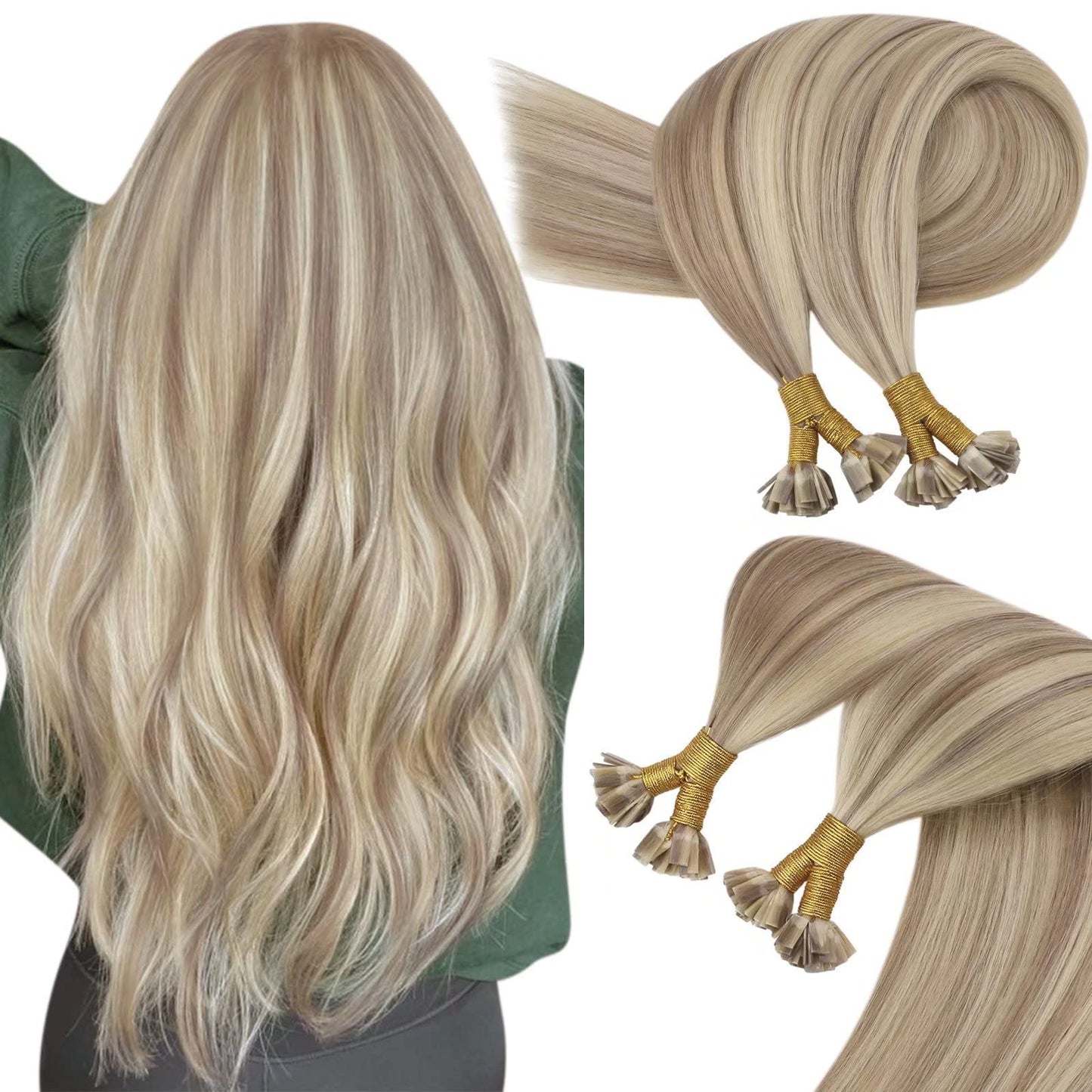 Remy Flat Tip Hair Extensions Human Hair Keratin Fusion Hair Extensions Real Human Hair Extensions for Women 50G/50S Warm Ash Blonde Highlight Bleach Blonde 16inch