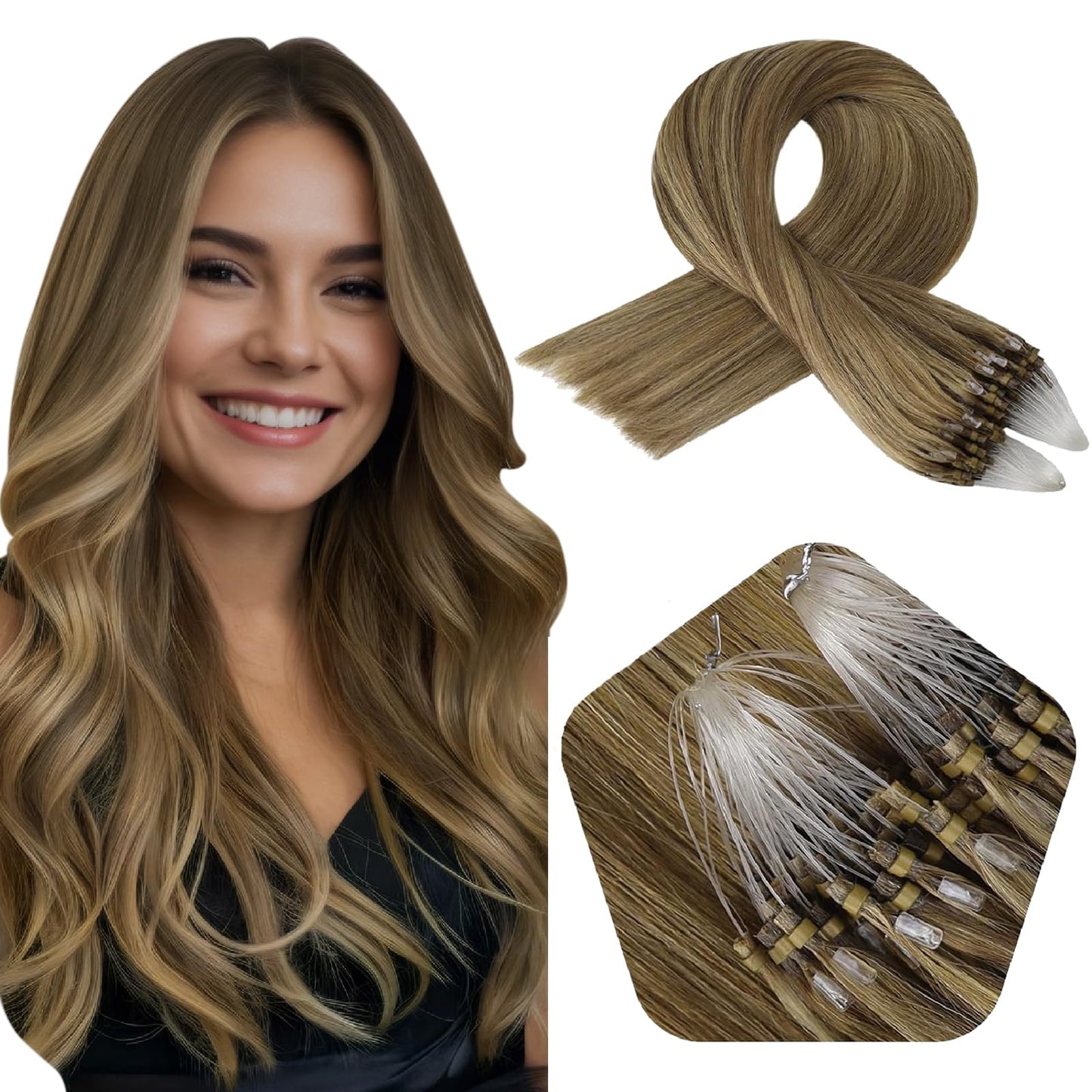 Full Shine Cold Fusion Prebonded Human Hair Extensions with Microbeads Color 18 Ash Blonde Highlighted 613 Blonde Micro Link Straight Hair 22 Inch Natural Hair Extensions for Women 50 Strands