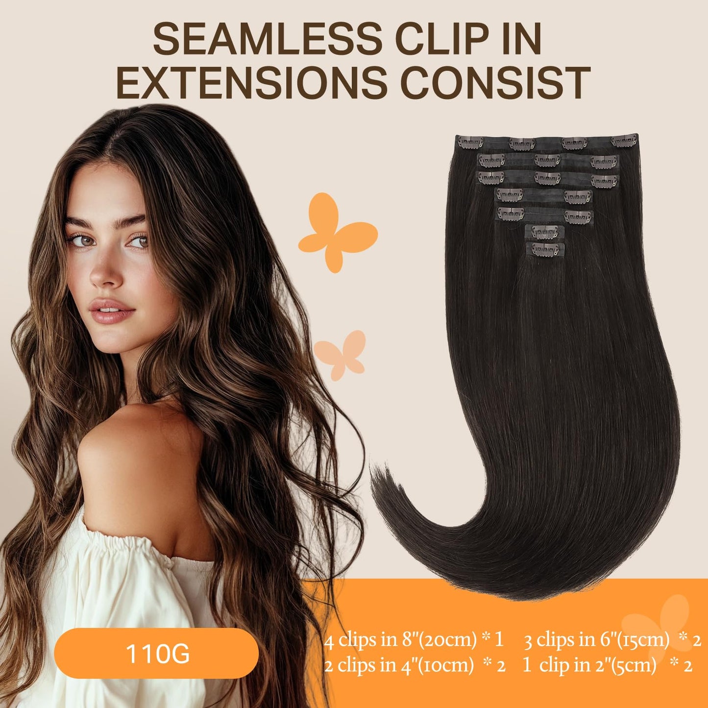 DOORES Seamless Clip in Hair Extensions Real Human Hair, Jet Black 150g 7pcs 20 Inch, Hair Extensions Clip in Human Hair Extensions Clip ins with Thin Weft Thick Straight Hair