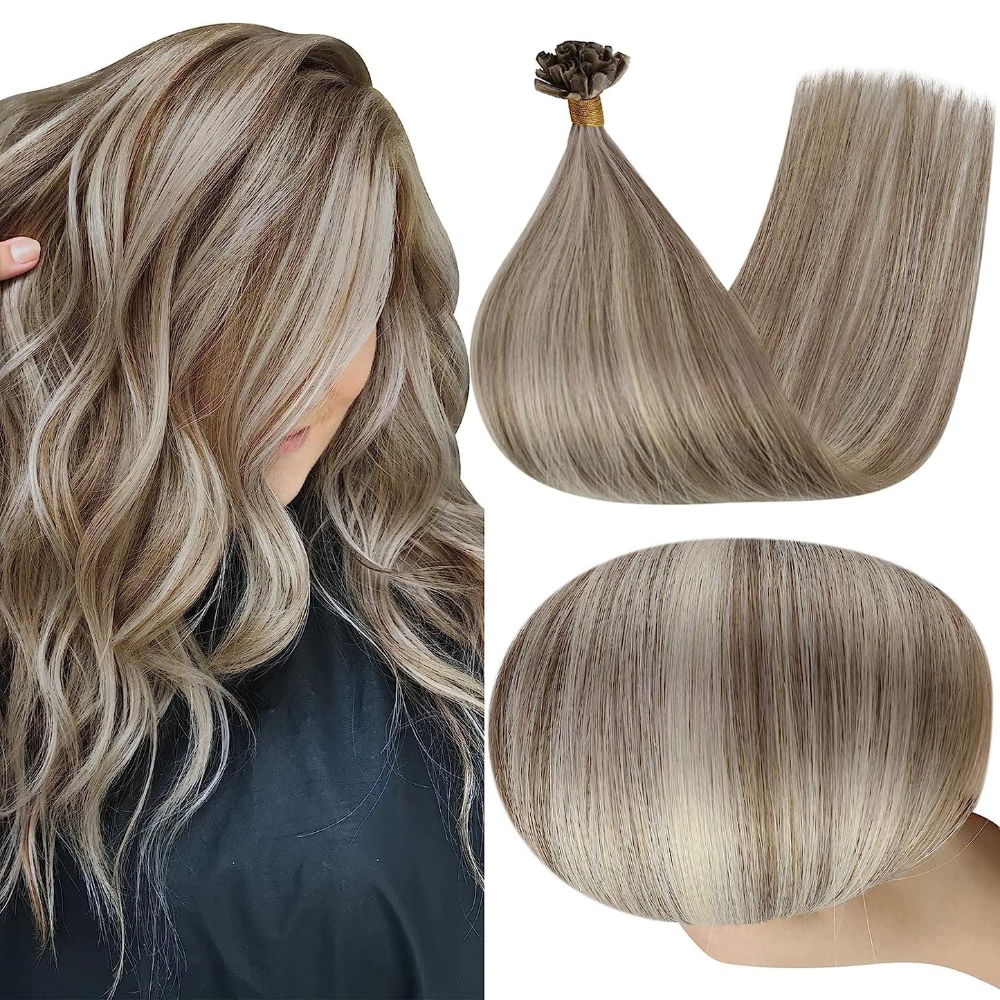 Full Shine Cold Fusion Prebonded Human Hair Extensions with Microbeads Color 18 Ash Blonde Highlighted 613 Blonde Micro Link Straight Hair 22 Inch Natural Hair Extensions for Women 50 Strands