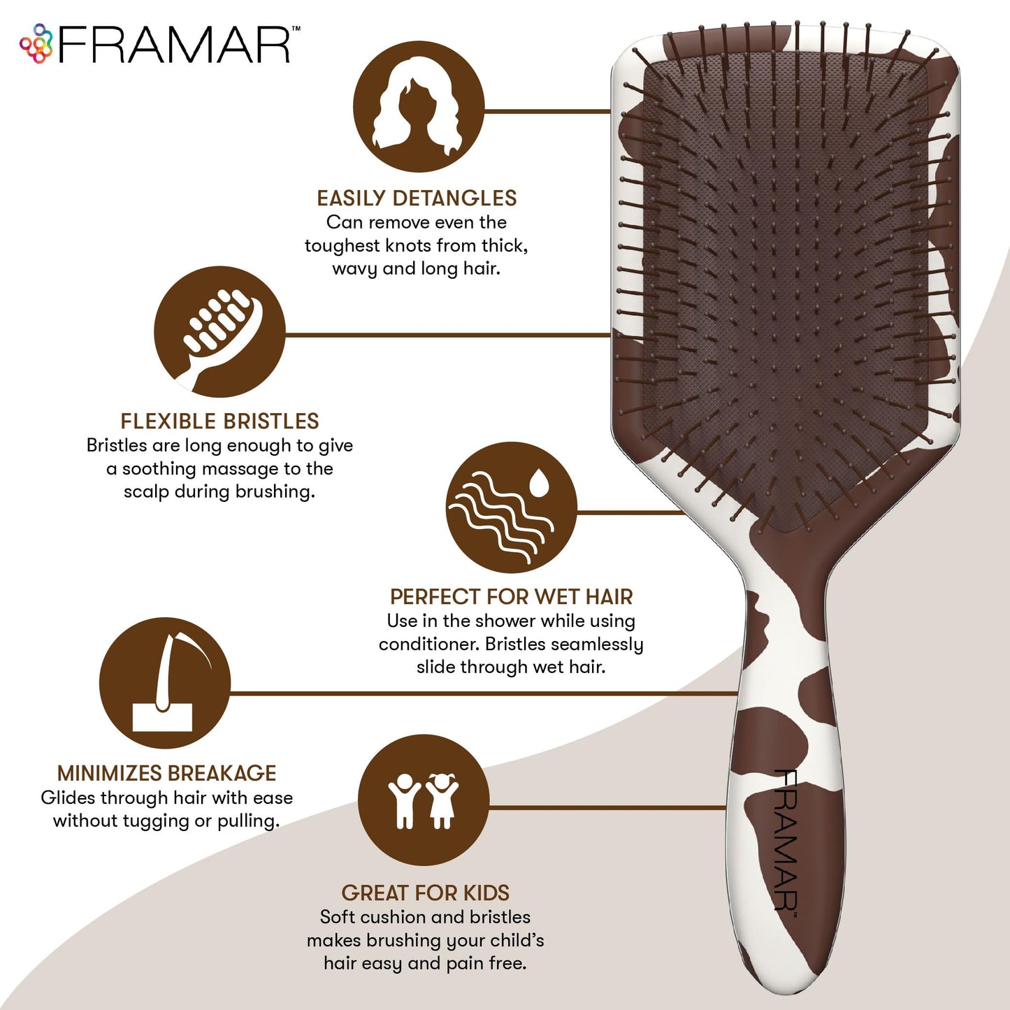 FRAMAR Detangling Hair Brush, Paddle Brush – Elegant Hair Brush For Women, Detangler Brush, Brosse A Cheveux, Curly Hair Brush, Hair Detangler for Women, Men and Children - Cow Print