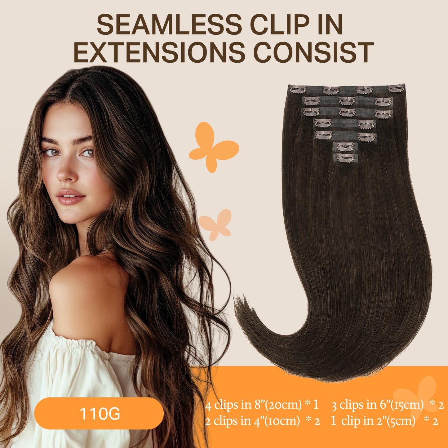 DOORES Seamless Clip in Hair Extensions Real Human Hair, Jet Black 150g 7pcs 20 Inch, Hair Extensions Clip in Human Hair Extensions Clip ins with Thin Weft Thick Straight Hair