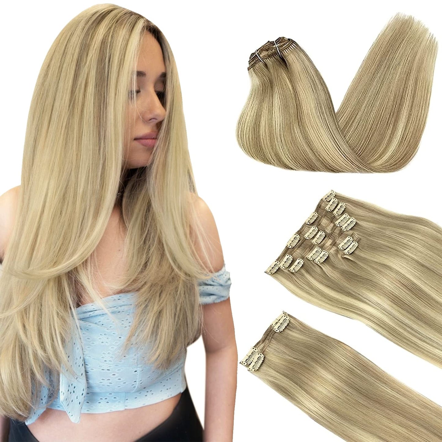 DOORES Seamless Clip in Hair Extensions Real Human Hair, Jet Black 150g 7pcs 20 Inch, Hair Extensions Clip in Human Hair Extensions Clip ins with Thin Weft Thick Straight Hair