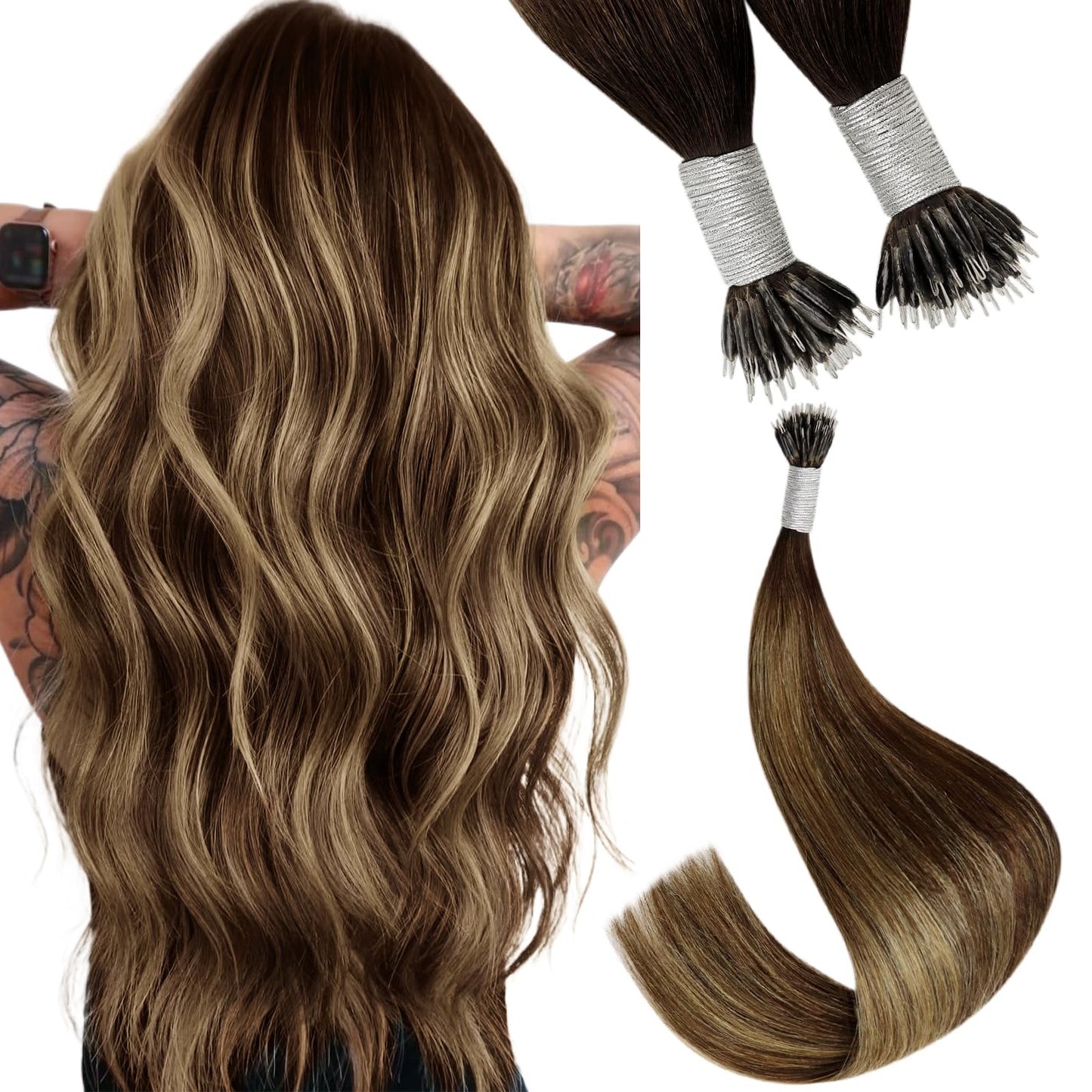REMY premium Micro Link Hair Extensions Highlight Micro Loop Hair Extensions Real Human Hair Light Brown Highlights Blonde Micro Extensions Real Human Hair Add Hair Volume 18 Inch 50s/50g