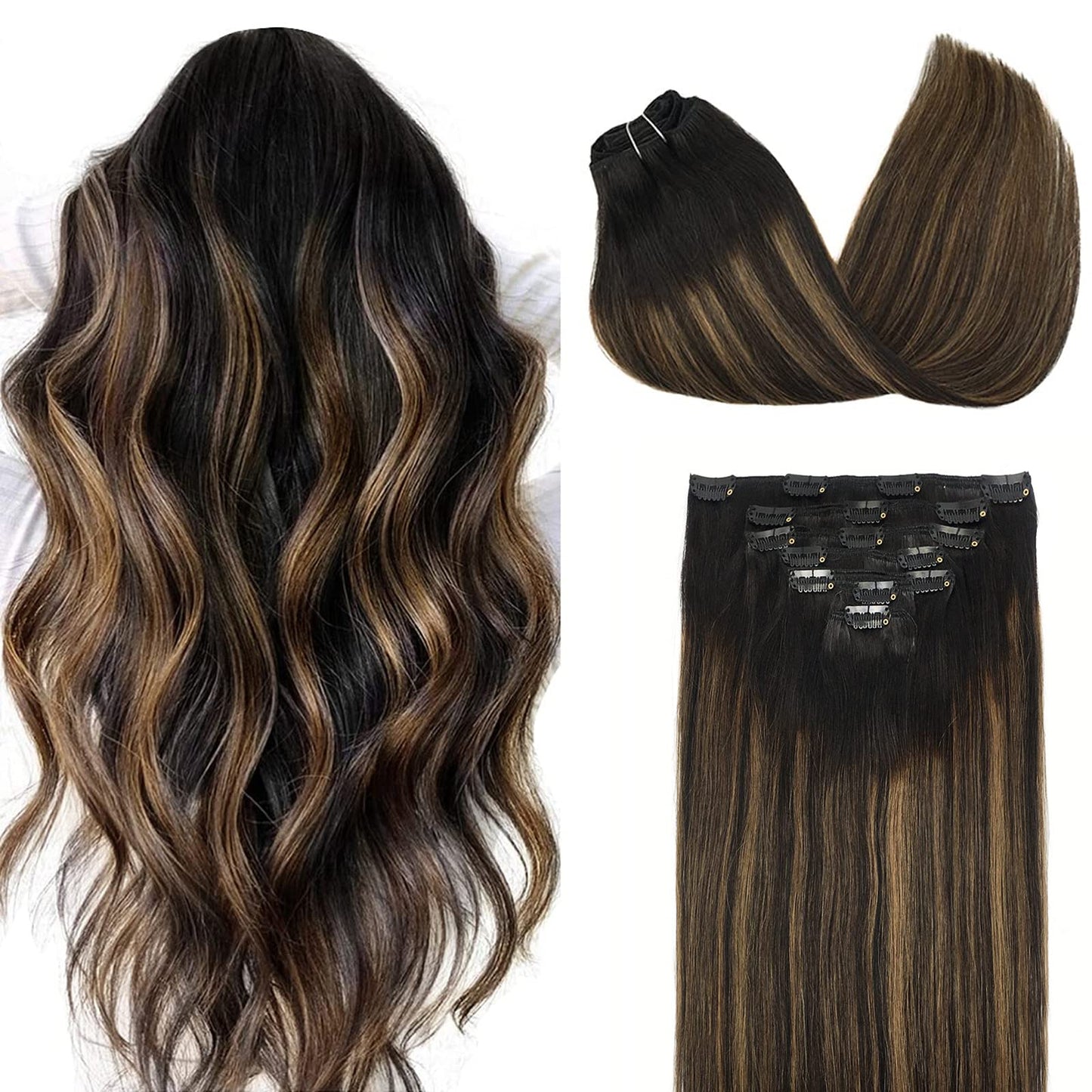 DOORES Seamless Clip in Hair Extensions Real Human Hair, Jet Black 150g 7pcs 20 Inch, Hair Extensions Clip in Human Hair Extensions Clip ins with Thin Weft Thick Straight Hair