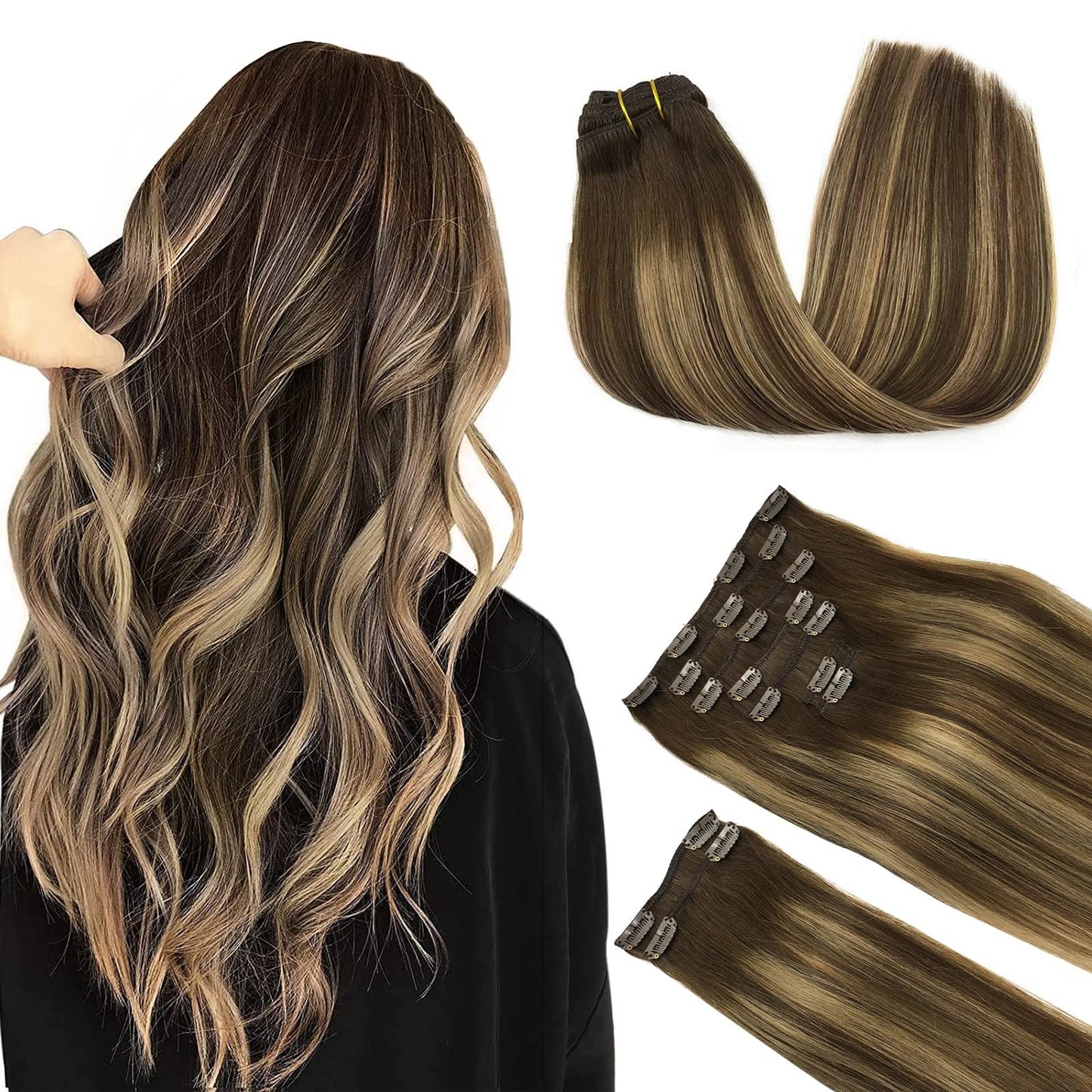 DOORES Seamless Clip in Hair Extensions Real Human Hair, Jet Black 150g 7pcs 20 Inch, Hair Extensions Clip in Human Hair Extensions Clip ins with Thin Weft Thick Straight Hair