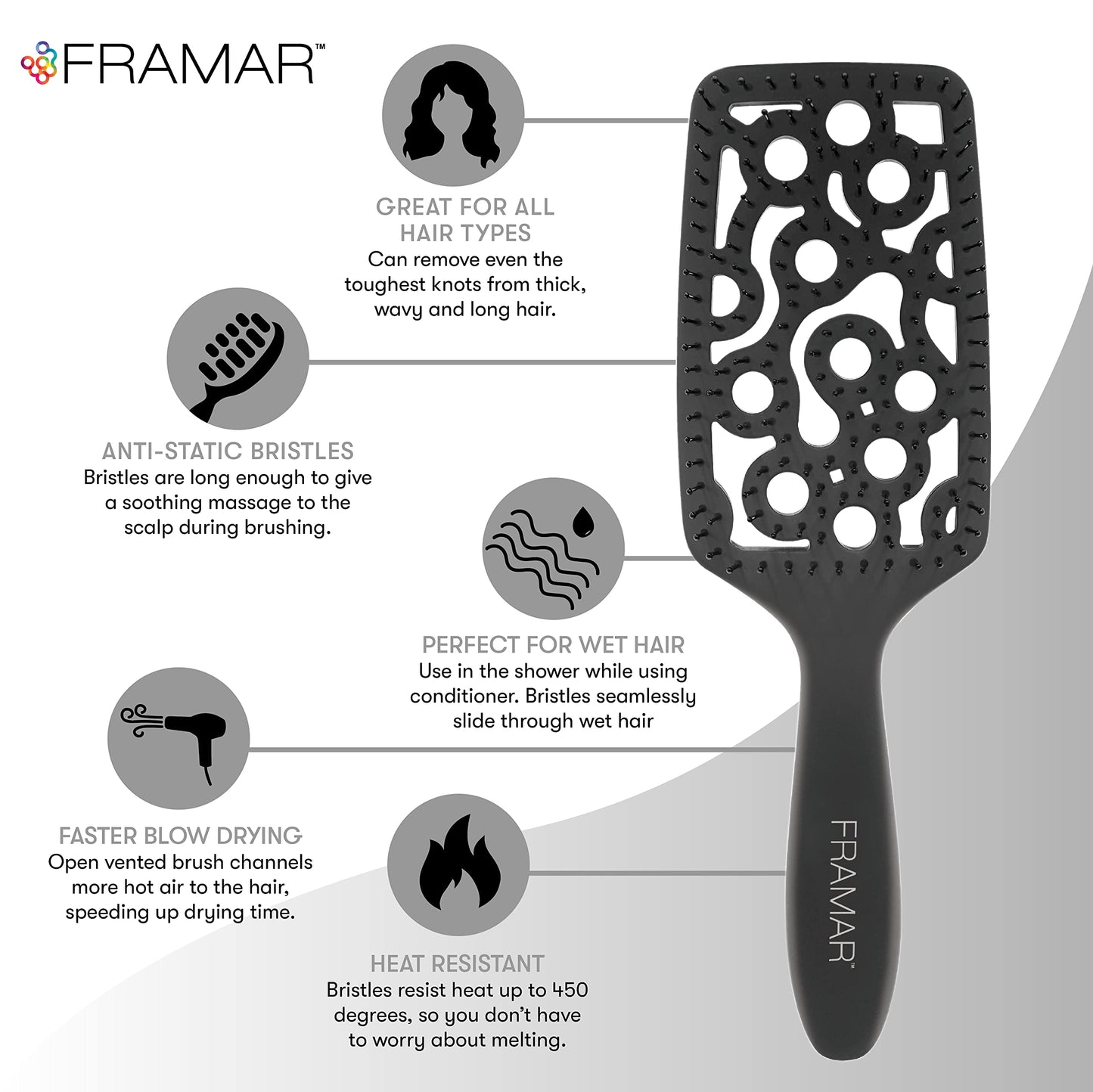 FRAMAR Professional Wet Hair Brush - Vented Hair Brush For Women, Curved Hair Detangler Brush, Blow Dry Brush, Hair Brush Dryer, Brosse a Cheveux, Curly Hair Brush Hair Dryer, Detangling Hair Brush
