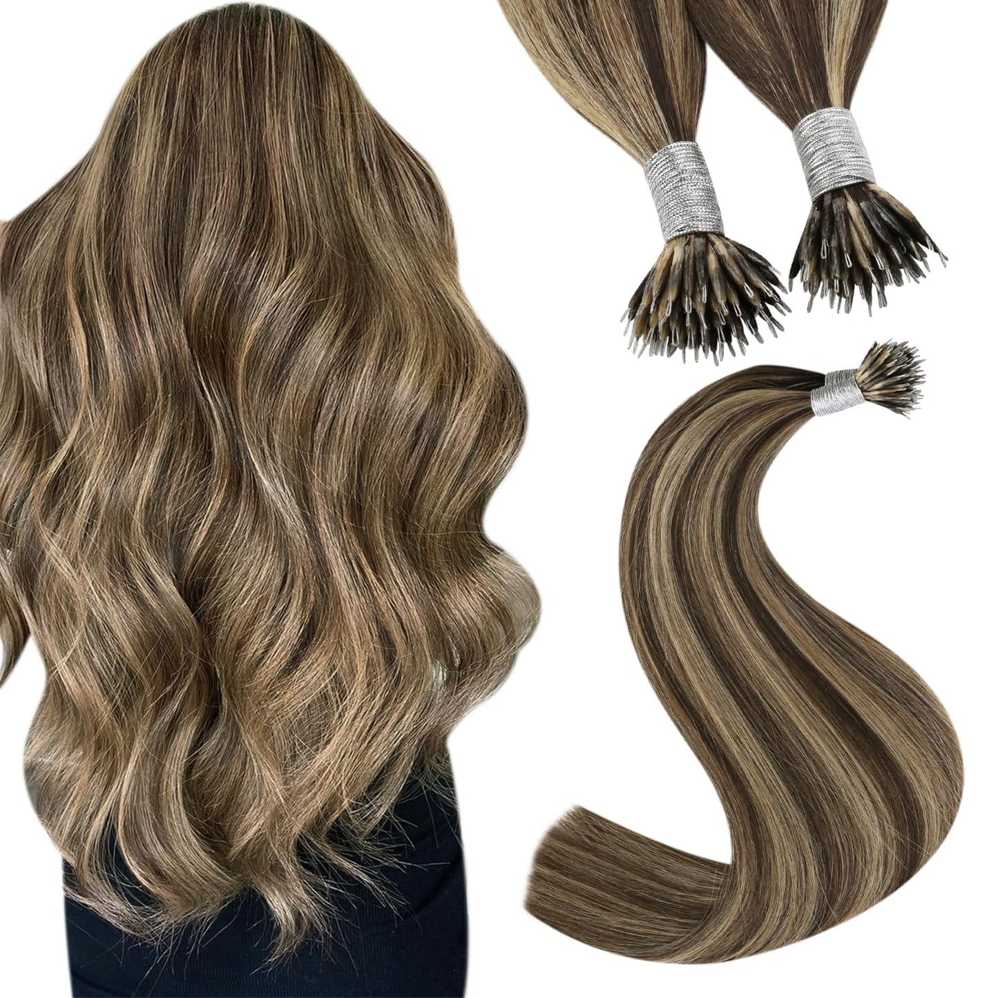 REMY premium Micro Link Hair Extensions Highlight Micro Loop Hair Extensions Real Human Hair Light Brown Highlights Blonde Micro Extensions Real Human Hair Add Hair Volume 18 Inch 50s/50g