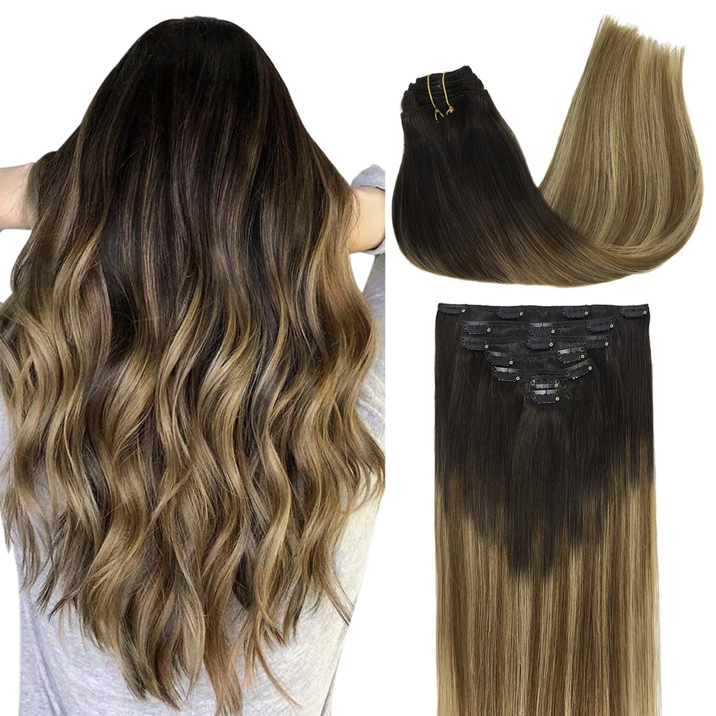 DOORES Seamless Clip in Hair Extensions Real Human Hair, Jet Black 150g 7pcs 20 Inch, Hair Extensions Clip in Human Hair Extensions Clip ins with Thin Weft Thick Straight Hair