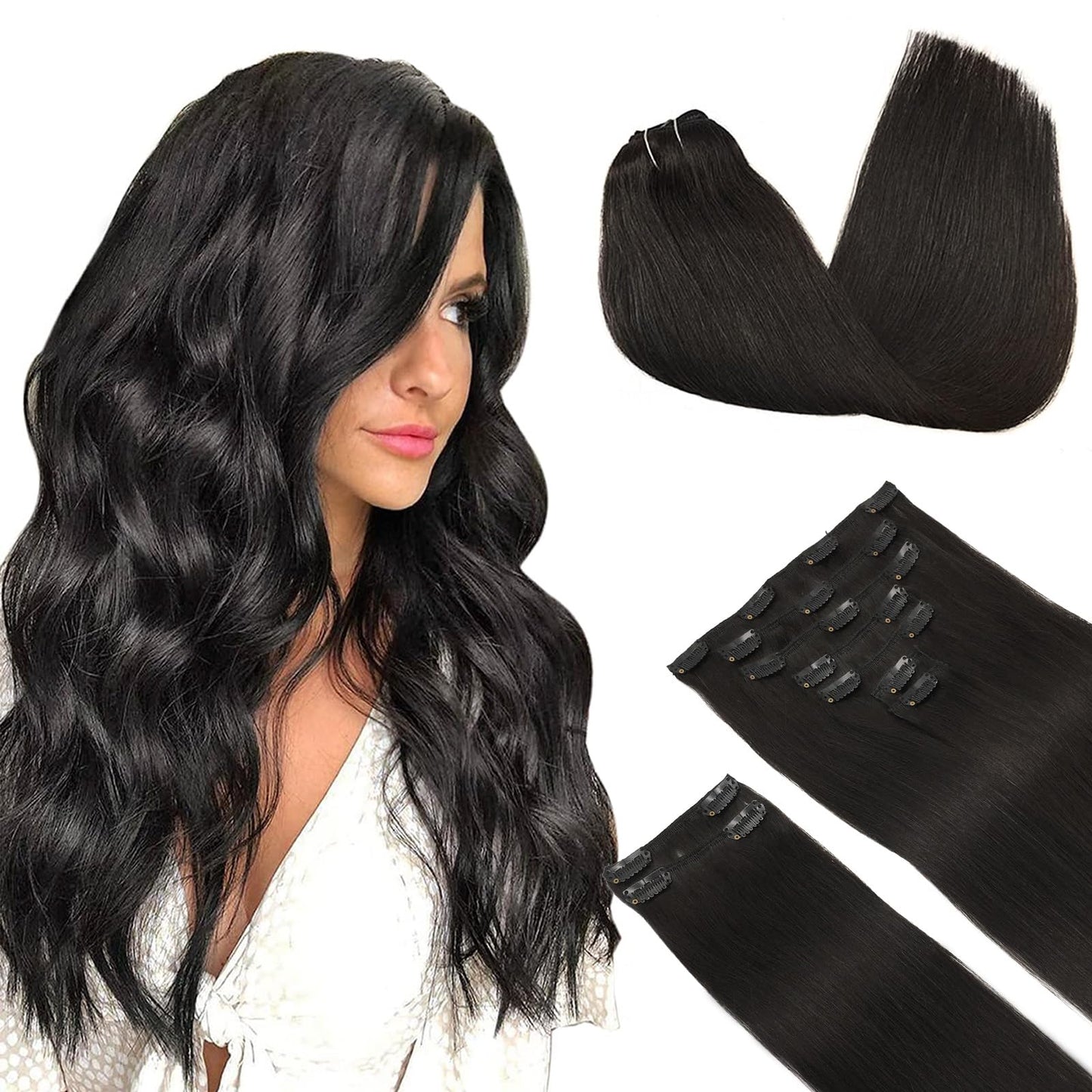 DOORES Seamless Clip in Hair Extensions Real Human Hair, Jet Black 150g 7pcs 20 Inch, Hair Extensions Clip in Human Hair Extensions Clip ins with Thin Weft Thick Straight Hair