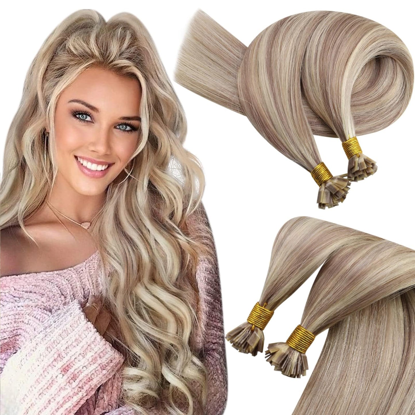 Remy Flat Tip Hair Extensions Human Hair Keratin Fusion Hair Extensions Real Human Hair Extensions for Women 50G/50S Warm Ash Blonde Highlight Bleach Blonde 16inch