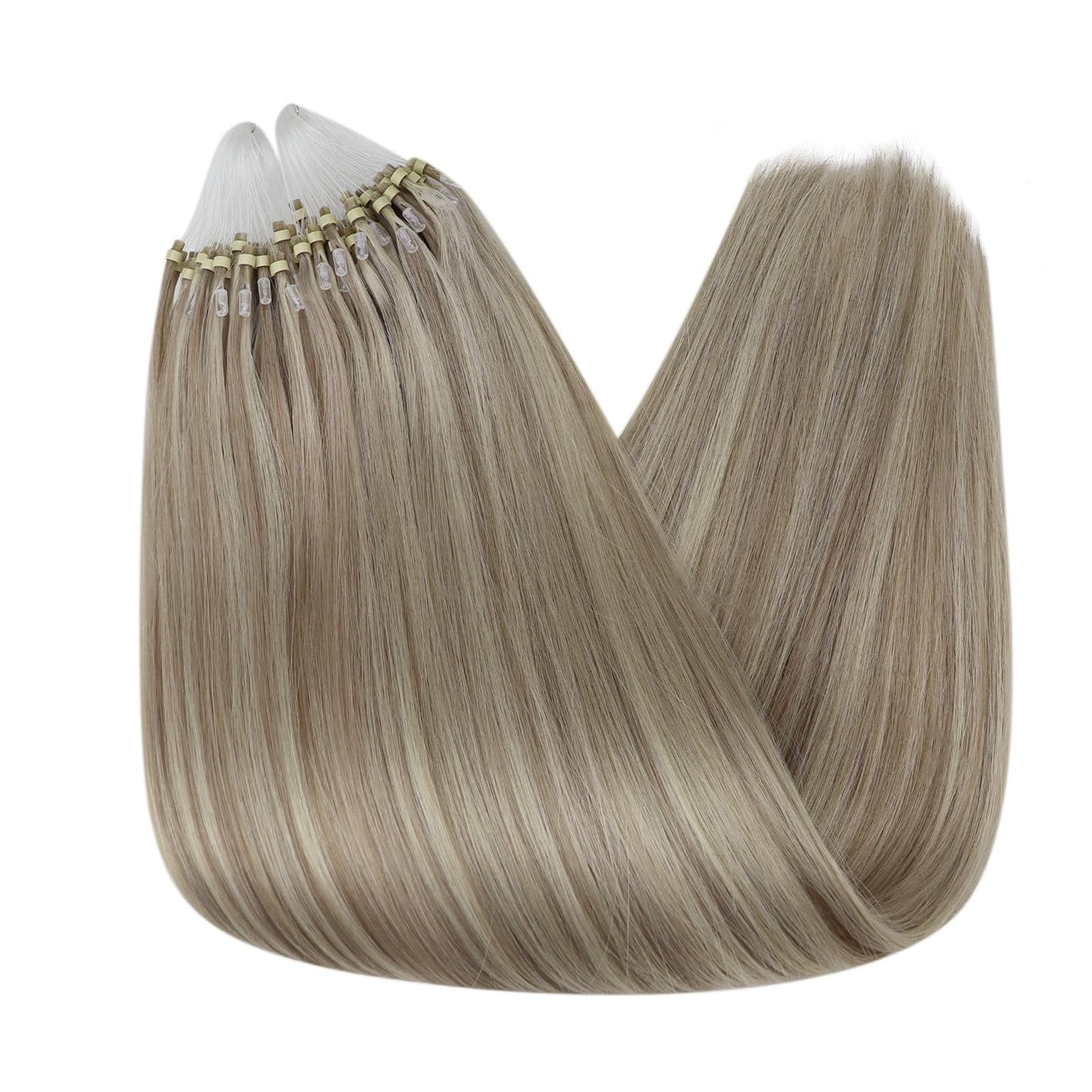 Full Shine Cold Fusion Prebonded Human Hair Extensions with Microbeads Color 18 Ash Blonde Highlighted 613 Blonde Micro Link Straight Hair 22 Inch Natural Hair Extensions for Women 50 Strands