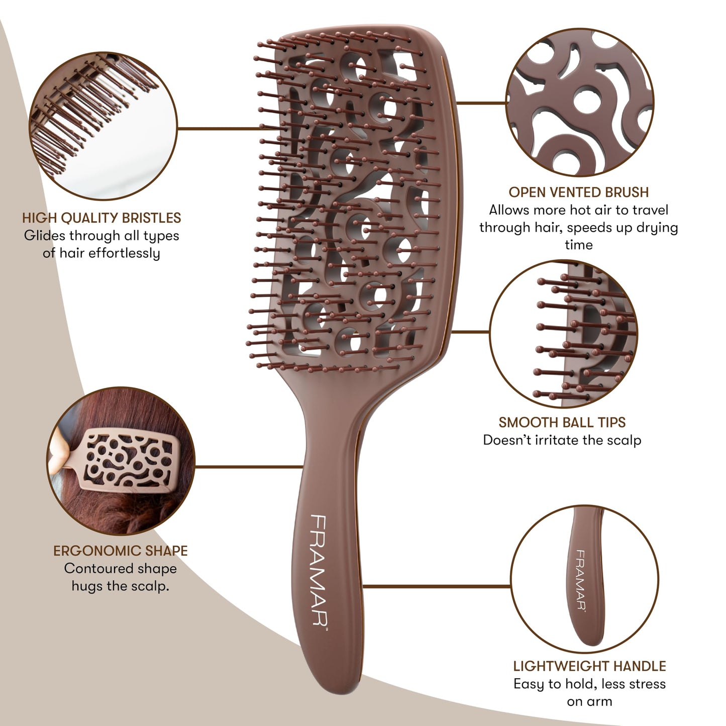 FRAMAR Professional Wet Hair Brush - Vented Hair Brush For Women, Curved Hair Detangler Brush, Blow Dry Brush, Hair Brush Dryer, Brosse a Cheveux, Curly Hair Brush Hair Dryer, Detangling Hair Brush