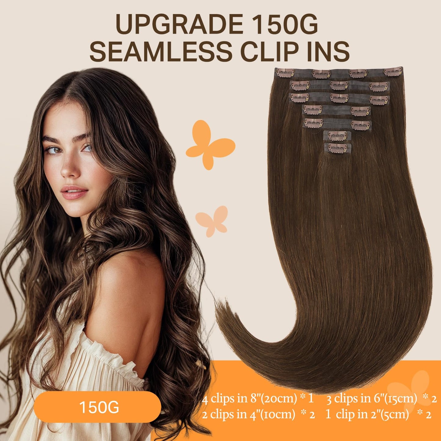 DOORES Seamless Clip in Hair Extensions Real Human Hair, Jet Black 150g 7pcs 20 Inch, Hair Extensions Clip in Human Hair Extensions Clip ins with Thin Weft Thick Straight Hair
