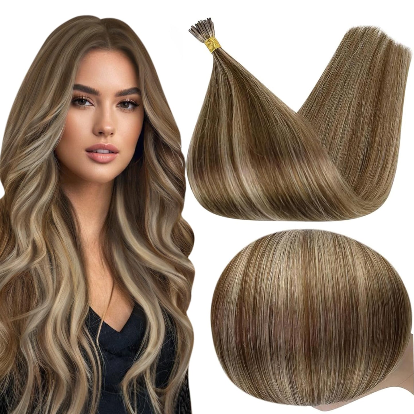 Full Shine Cold Fusion Prebonded Human Hair Extensions with Microbeads Color 18 Ash Blonde Highlighted 613 Blonde Micro Link Straight Hair 22 Inch Natural Hair Extensions for Women 50 Strands